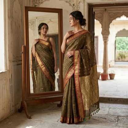 Sanskriti Vintage Saree Green Cotton Silk Brocade Zari Hand Woven Fabric 5YDSari