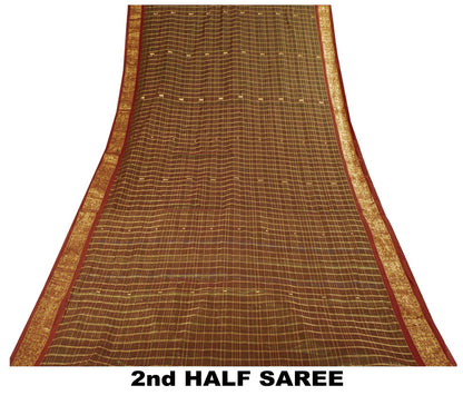 Sanskriti Vintage Saree Green Cotton Silk Brocade Zari Hand Woven Fabric 5YDSari