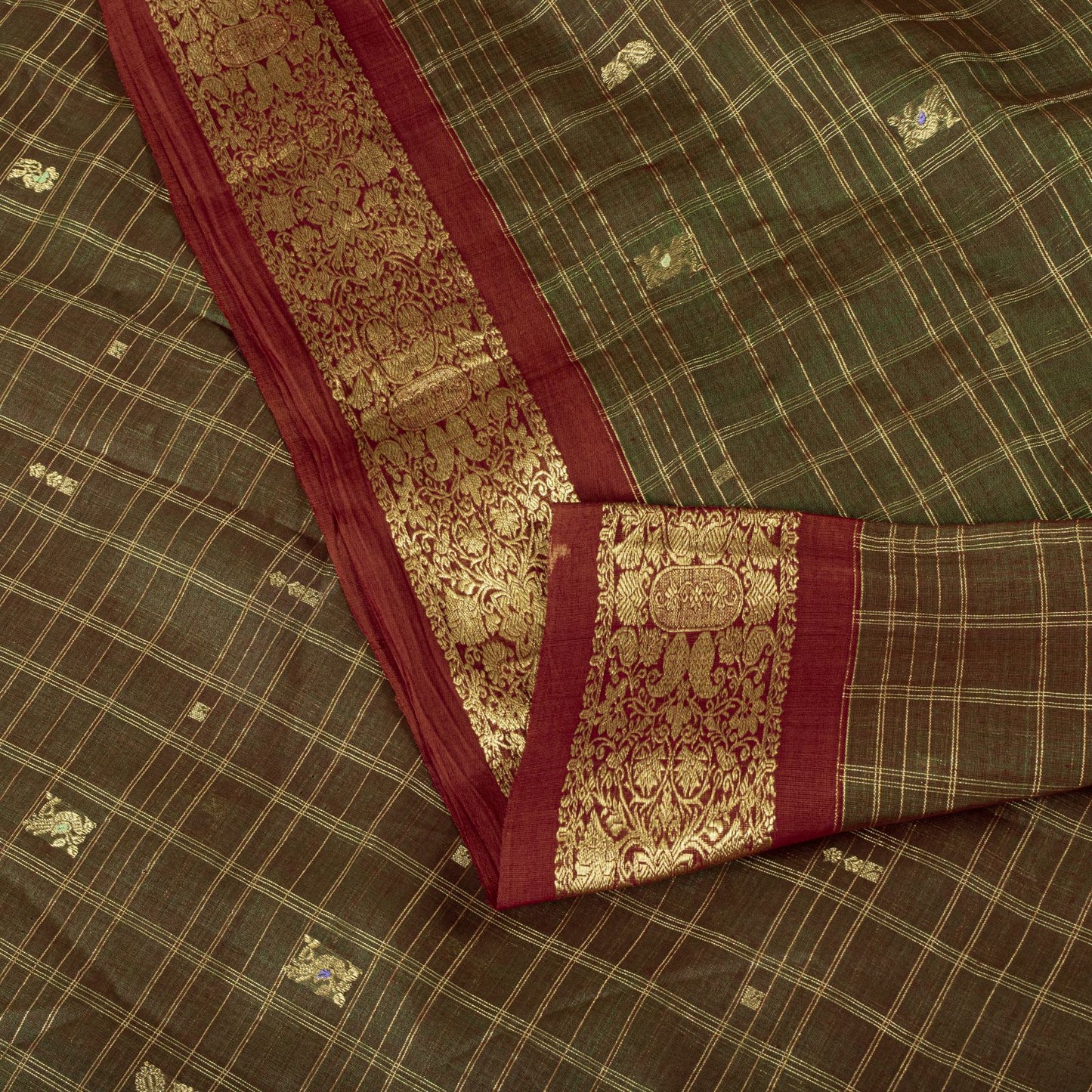 Sanskriti Vintage Saree Green Cotton Silk Brocade Zari Hand Woven Fabric 5YDSari