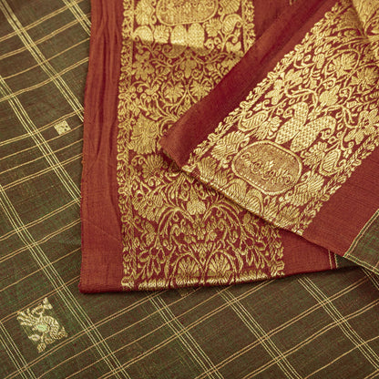 Sanskriti Vintage Saree Green Cotton Silk Brocade Zari Hand Woven Fabric 5YDSari