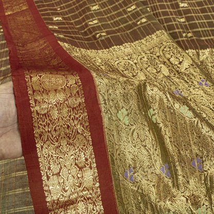 Sanskriti Vintage Saree Green Cotton Silk Brocade Zari Hand Woven Fabric 5YDSari