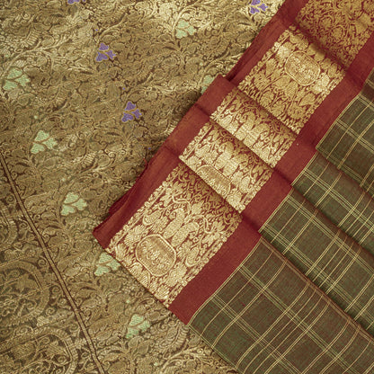 Sanskriti Vintage Saree Green Cotton Silk Brocade Zari Hand Woven Fabric 5YDSari