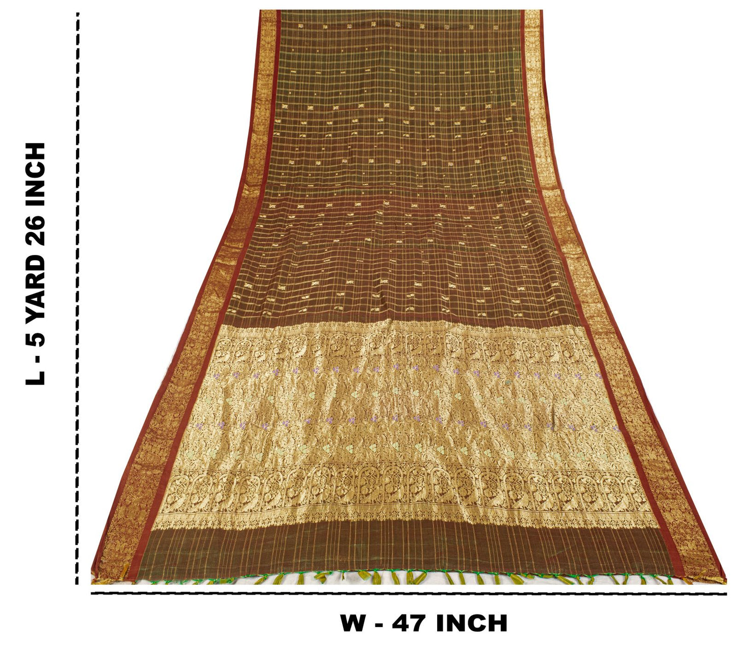 Sanskriti Vintage Saree Green Cotton Silk Brocade Zari Hand Woven Fabric 5YDSari