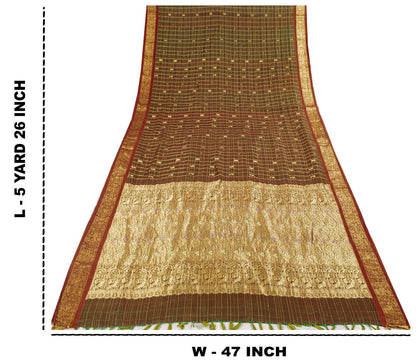 Sanskriti Vintage Saree Green Cotton Silk Brocade Zari Hand Woven Fabric 5YDSari