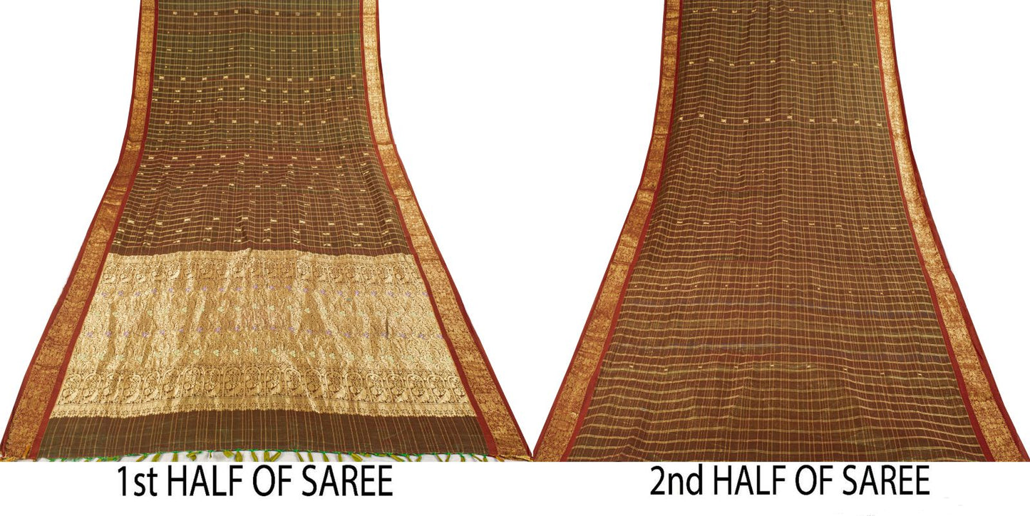 Sanskriti Vintage Saree Green Cotton Silk Brocade Zari Hand Woven Fabric 5YDSari
