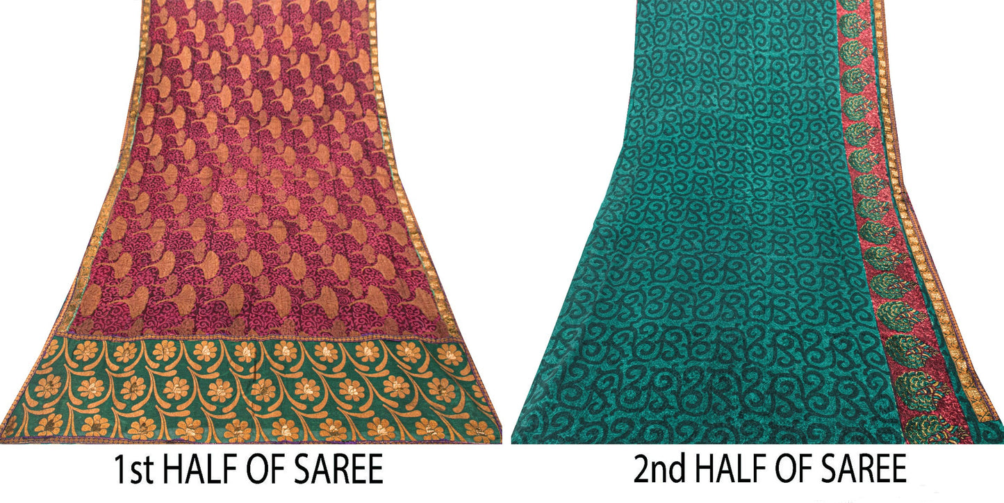 Sanskriti Vintage Purple -Green 100%Pure Crepe Saree Woven Printed 5.5+YD Fabric