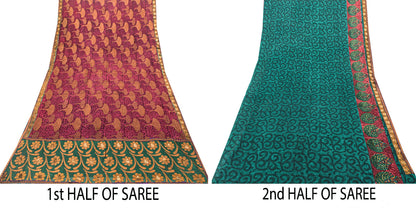 Sanskriti Vintage Purple -Green 100%Pure Crepe Saree Woven Printed 5.5+YD Fabric