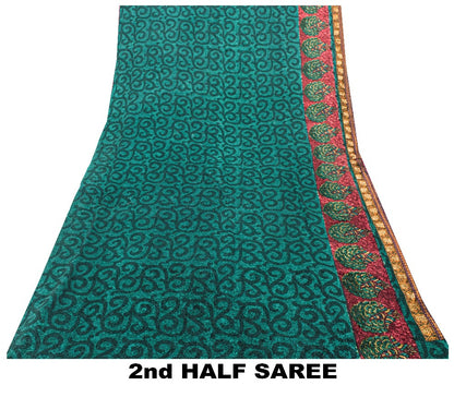 Sanskriti Vintage Purple -Green 100%Pure Crepe Saree Woven Printed 5.5+YD Fabric
