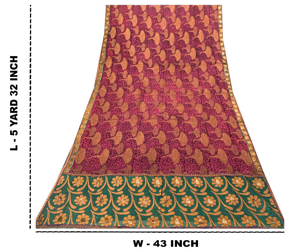 Sanskriti Vintage Purple -Green 100%Pure Crepe Saree Woven Printed 5.5+YD Fabric