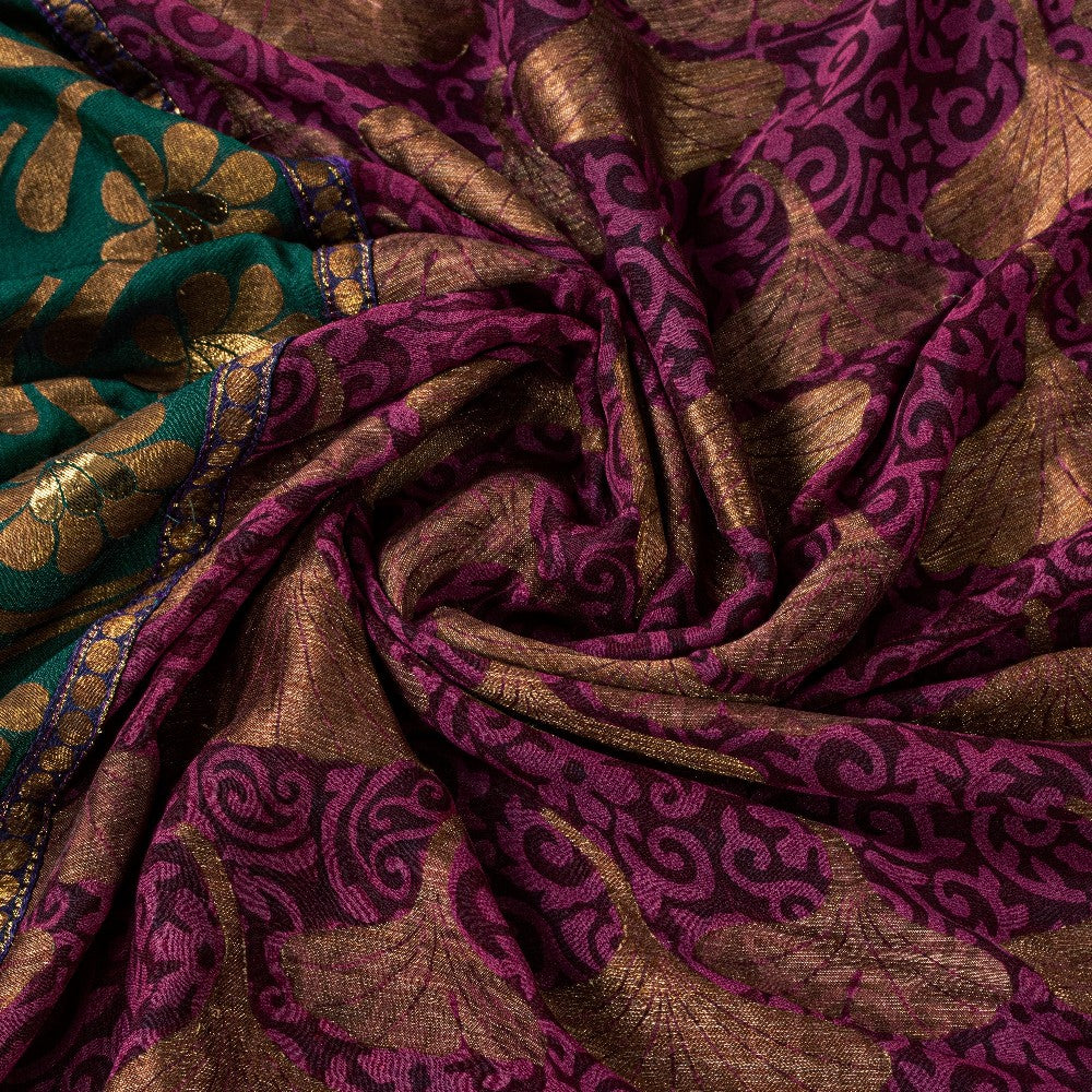 Sanskriti Vintage Purple -Green 100%Pure Crepe Saree Woven Printed 5.5+YD Fabric