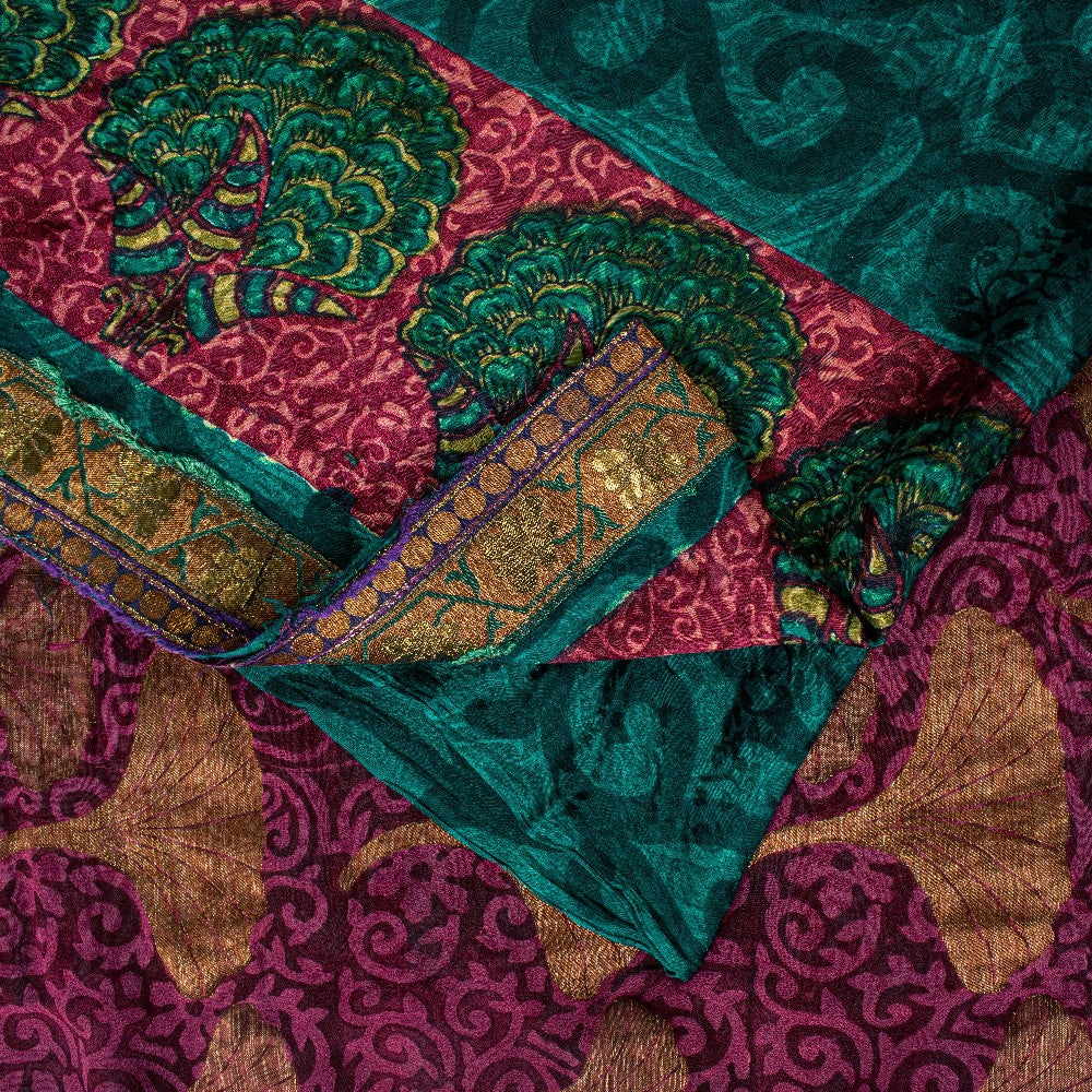 Sanskriti Vintage Purple -Green 100%Pure Crepe Saree Woven Printed 5.5+YD Fabric