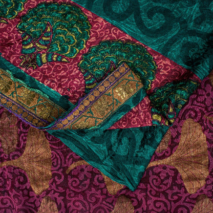 Sanskriti Vintage Purple -Green 100%Pure Crepe Saree Woven Printed 5.5+YD Fabric