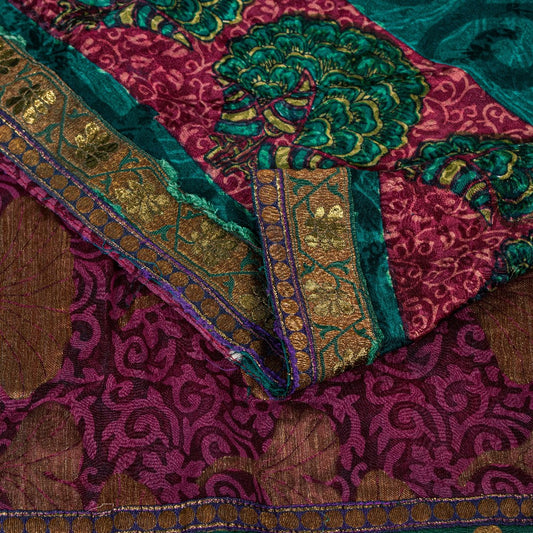 Sanskriti Vintage Purple -Green 100%Pure Crepe Saree Woven Printed 5.5+YD Fabric