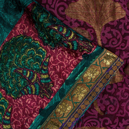 Sanskriti Vintage Purple -Green 100%Pure Crepe Saree Woven Printed 5.5+YD Fabric