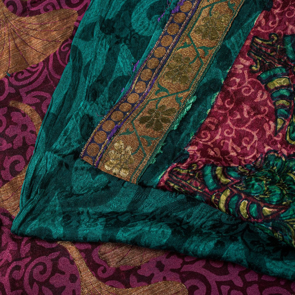 Sanskriti Vintage Purple -Green 100%Pure Crepe Saree Woven Printed 5.5+YD Fabric