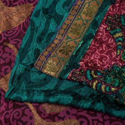 Sanskriti Vintage Purple -Green 100%Pure Crepe Saree Woven Printed 5.5+YD Fabric