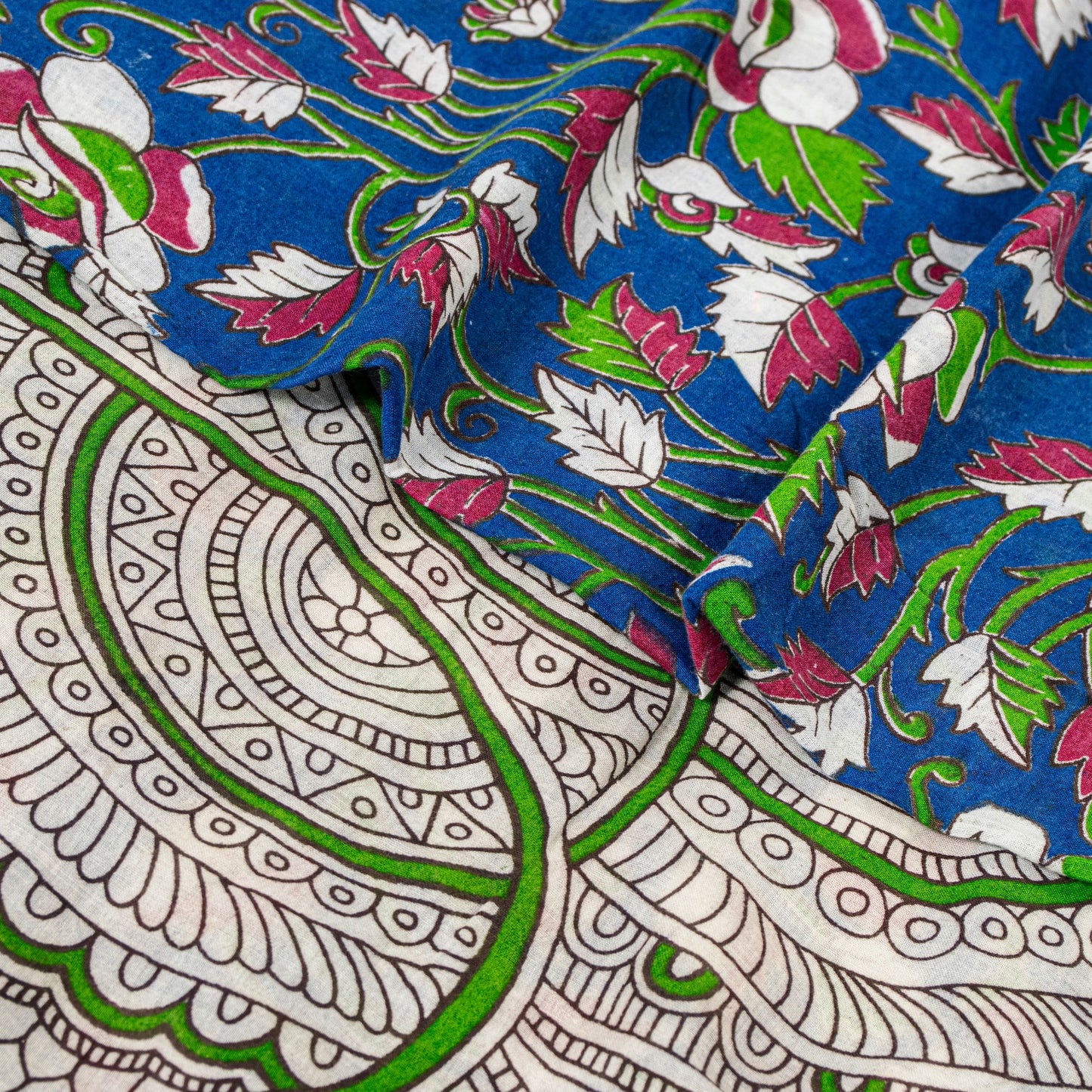 Sanskriti Vintage Blue Pure Cotton Saree Handmade Kalamkari Peacock 5.5+YD Craft