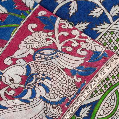 Sanskriti Vintage Blue Pure Cotton Saree Handmade Kalamkari Peacock 5.5+YD Craft