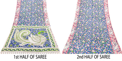 Sanskriti Vintage Blue Pure Cotton Saree Handmade Kalamkari Peacock 5.5+YD Craft