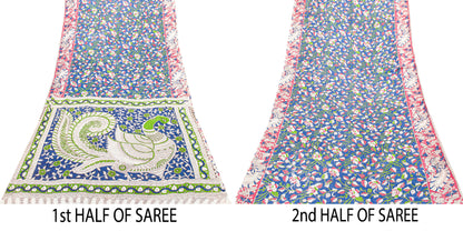 Sanskriti Vintage Blue Pure Cotton Saree Handmade Kalamkari Peacock 5.5+YD Craft
