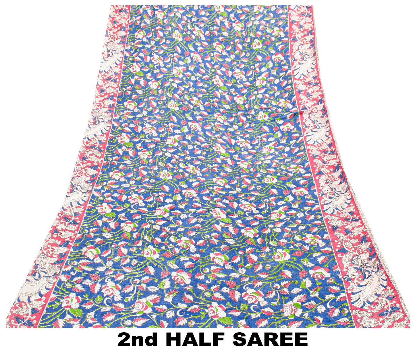 Sanskriti Vintage Blue Pure Cotton Saree Handmade Kalamkari Peacock 5.5+YD Craft