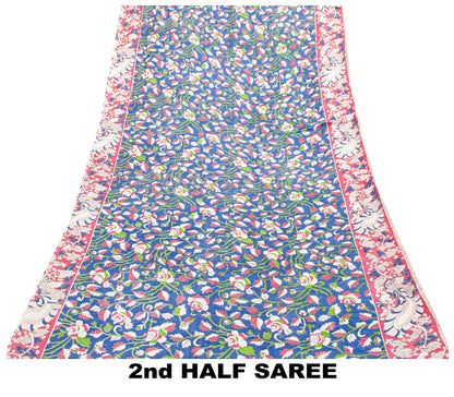 Sanskriti Vintage Blue Pure Cotton Saree Handmade Kalamkari Peacock 5.5+YD Craft