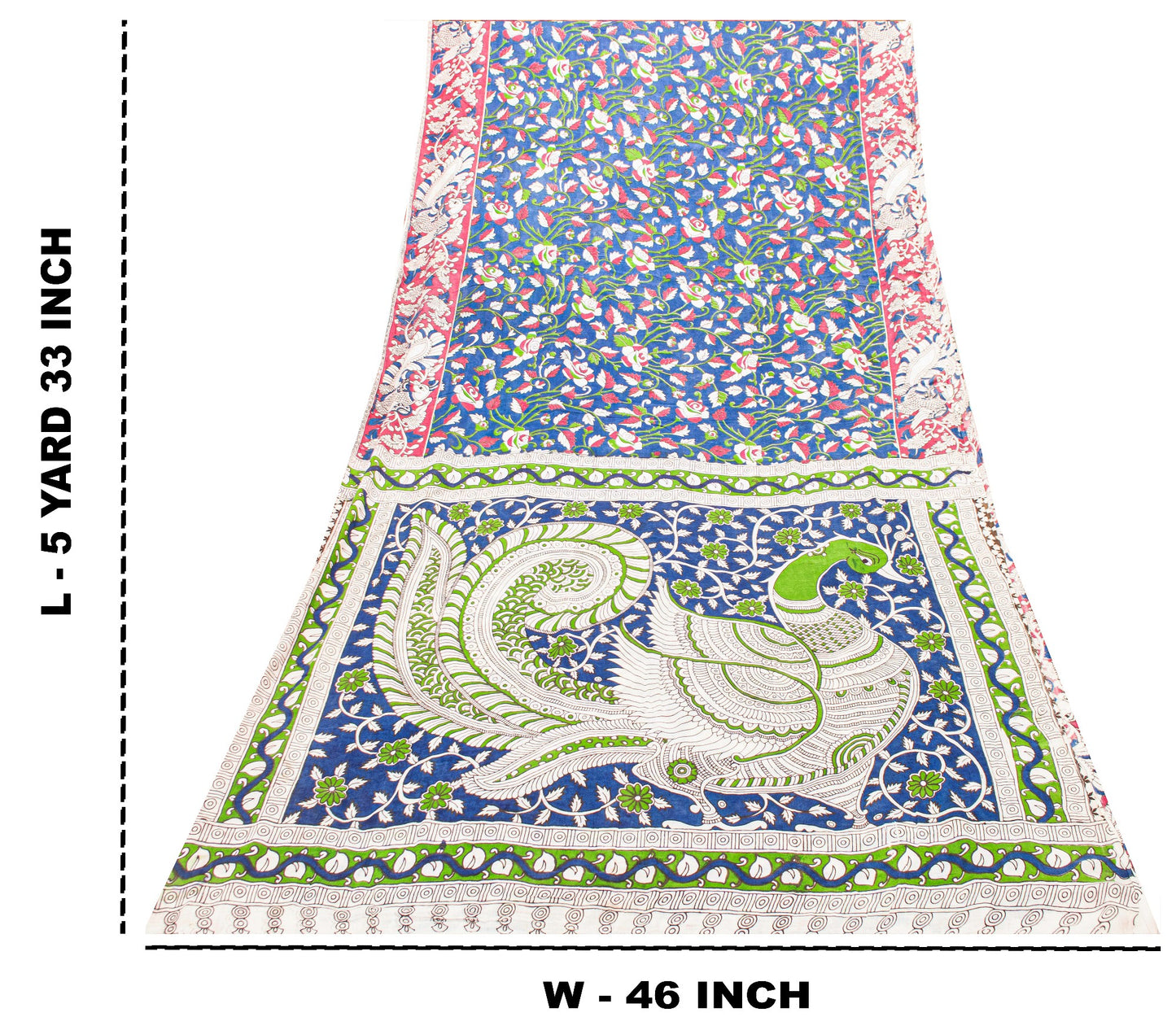 Sanskriti Vintage Blue Pure Cotton Saree Handmade Kalamkari Peacock 5.5+YD Craft