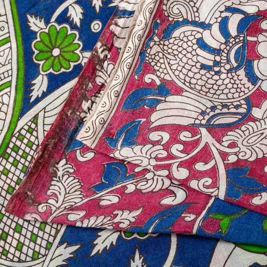 Sanskriti Vintage Blue Pure Cotton Saree Handmade Kalamkari Peacock 5.5+YD Craft