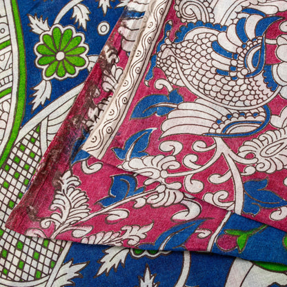 Sanskriti Vintage Blue Pure Cotton Saree Handmade Kalamkari Peacock 5.5+YD Craft