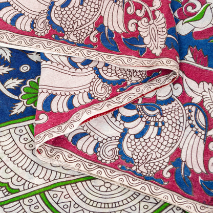 Sanskriti Vintage Blue Pure Cotton Saree Handmade Kalamkari Peacock 5.5+YD Craft