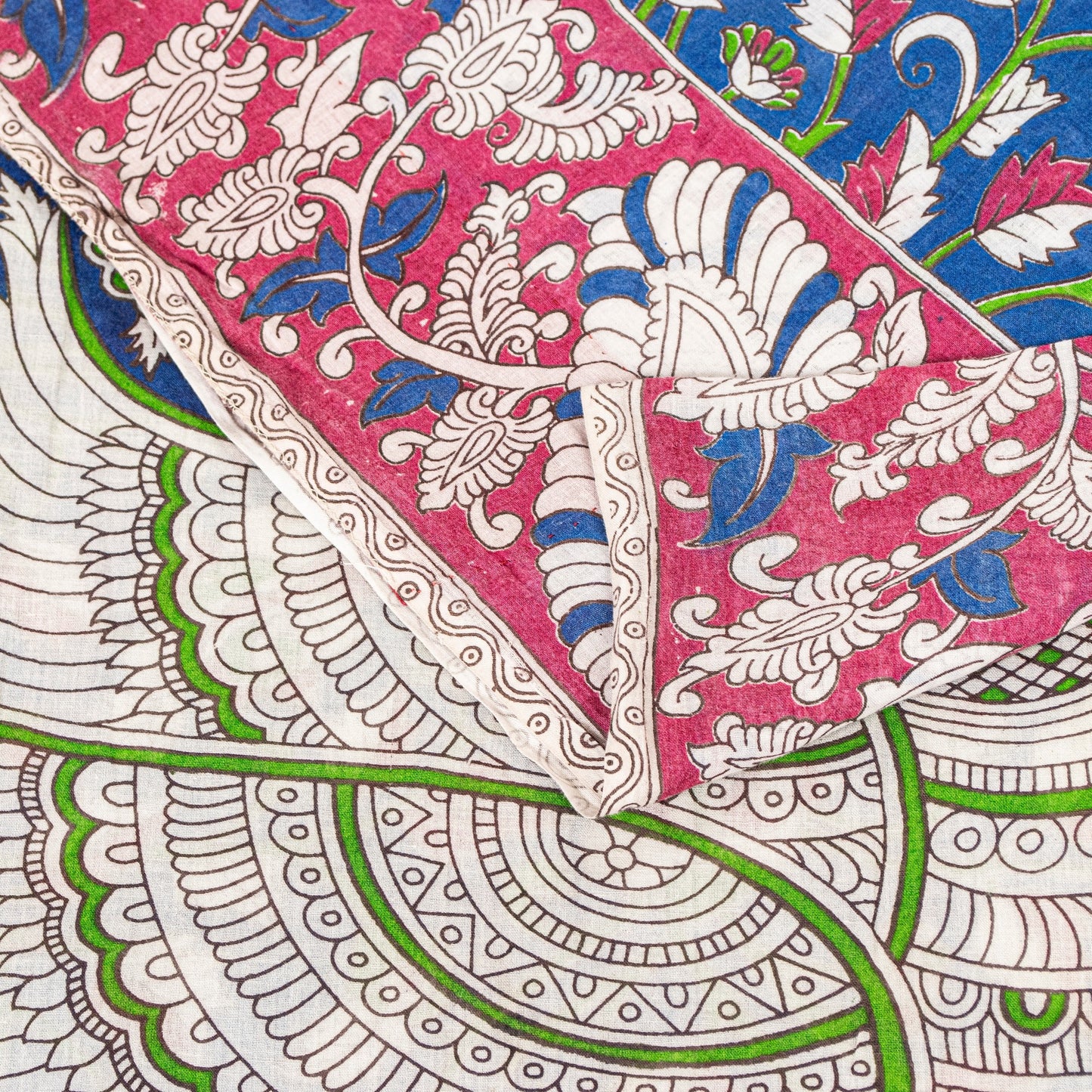 Sanskriti Vintage Blue Pure Cotton Saree Handmade Kalamkari Peacock 5.5+YD Craft