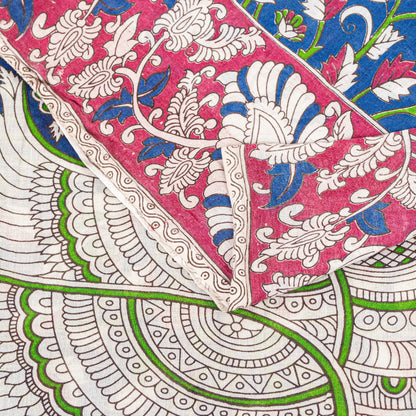 Sanskriti Vintage Blue Pure Cotton Saree Handmade Kalamkari Peacock 5.5+YD Craft