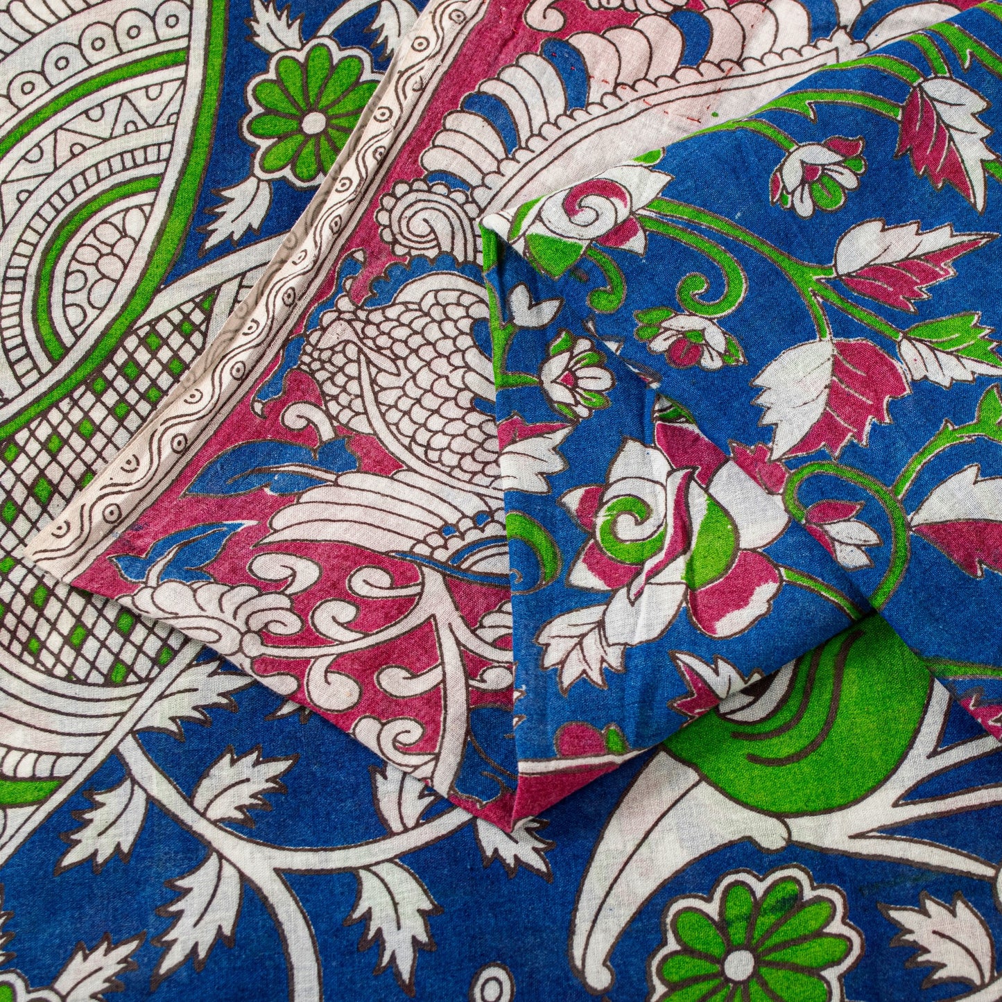 Sanskriti Vintage Blue Pure Cotton Saree Handmade Kalamkari Peacock 5.5+YD Craft