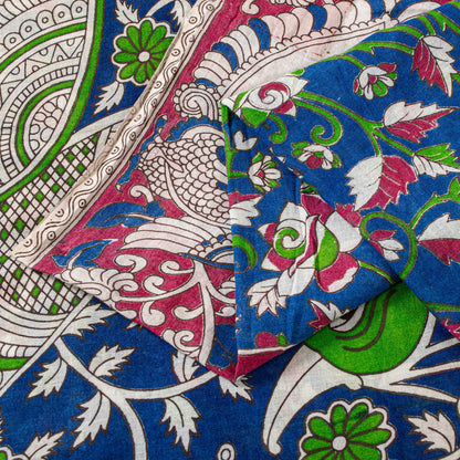 Sanskriti Vintage Blue Pure Cotton Saree Handmade Kalamkari Peacock 5.5+YD Craft
