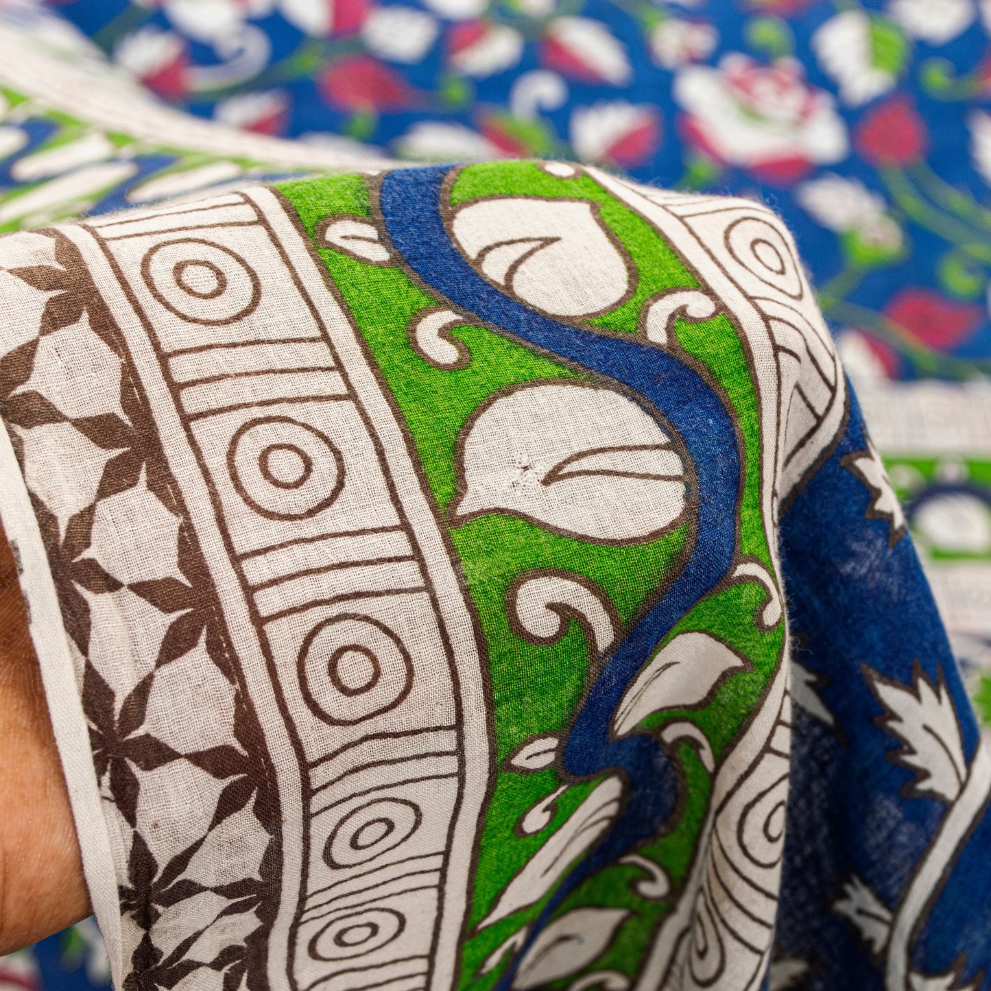 Sanskriti Vintage Blue Pure Cotton Saree Handmade Kalamkari Peacock 5.5+YD Craft