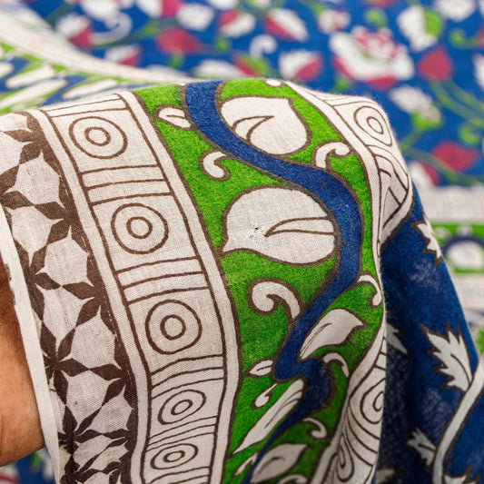 Sanskriti Vintage Blue Pure Cotton Saree Handmade Kalamkari Peacock 5.5+YD Craft