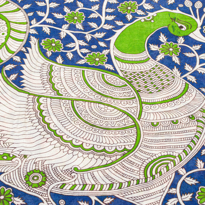 Sanskriti Vintage Blue Pure Cotton Saree Handmade Kalamkari Peacock 5.5+YD Craft