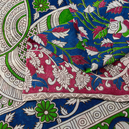 Sanskriti Vintage Blue Pure Cotton Saree Handmade Kalamkari Peacock 5.5+YD Craft