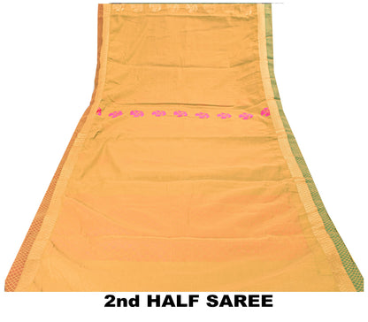 Sanskriti Vintage Yellow Pure Cotton Saree Hand Woven Zari 5.5+ YD Fabric Supply