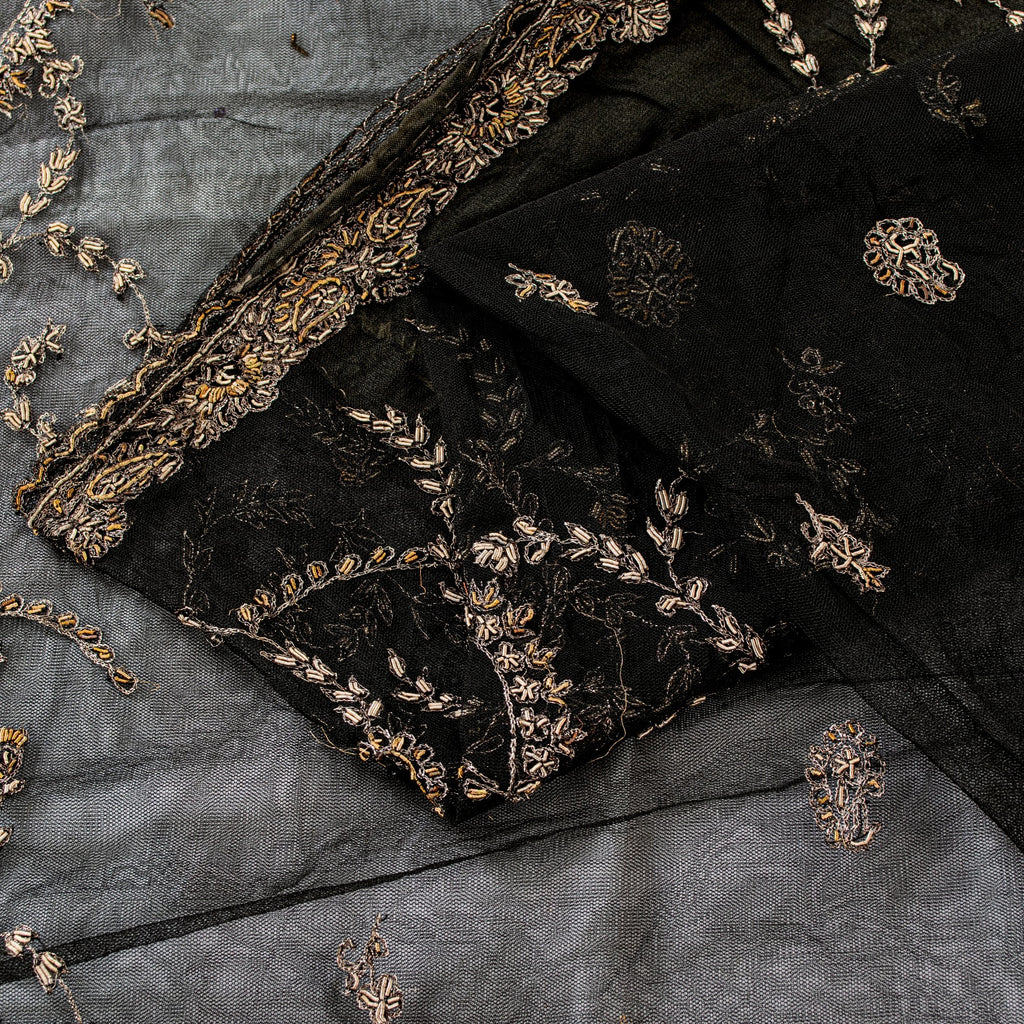 Sanskriti Vintage Black Net Mesh Saree Hand Embroidered Zardozi Zari 5+YD Fabric