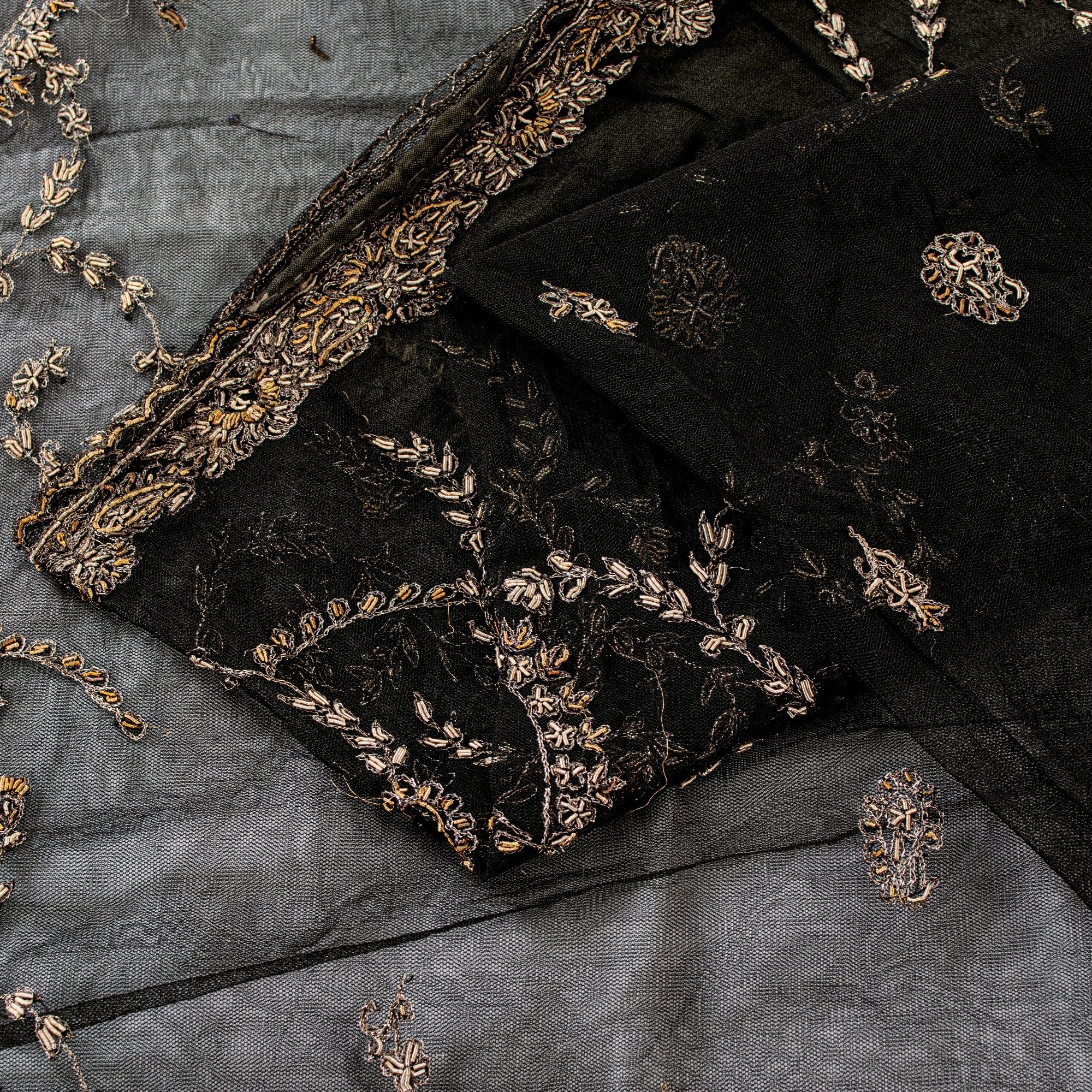 Sanskriti Vintage Black Net Mesh Saree Hand Embroidered Zardozi Zari 5+YD Fabric