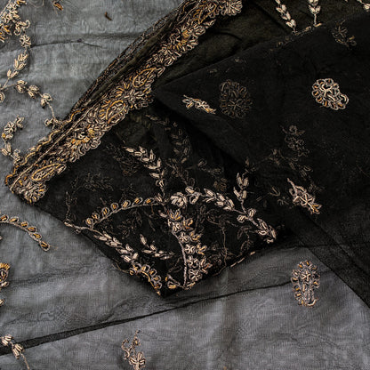 Sanskriti Vintage Black Net Mesh Saree Hand Embroidered Zardozi Zari 5+YD Fabric