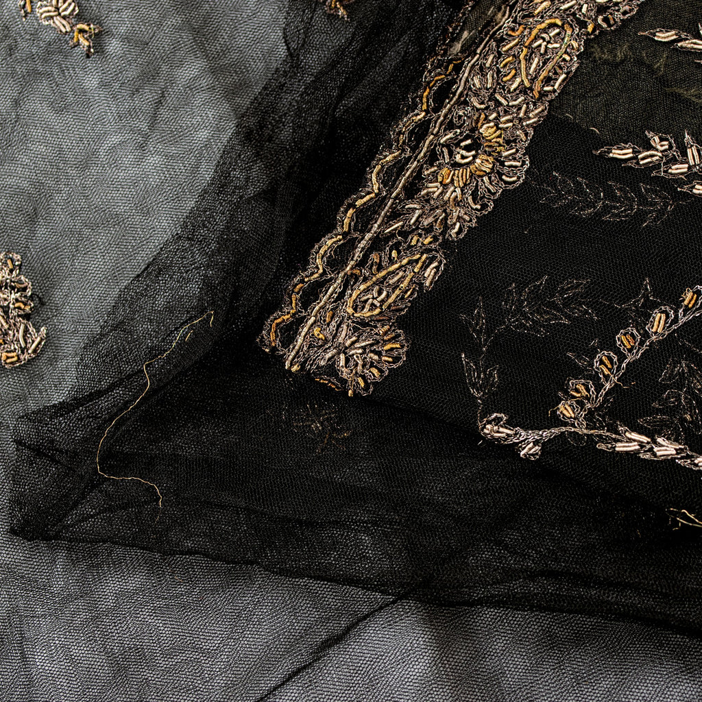 Sanskriti Vintage Black Net Mesh Saree Hand Embroidered Zardozi Zari 5+YD Fabric