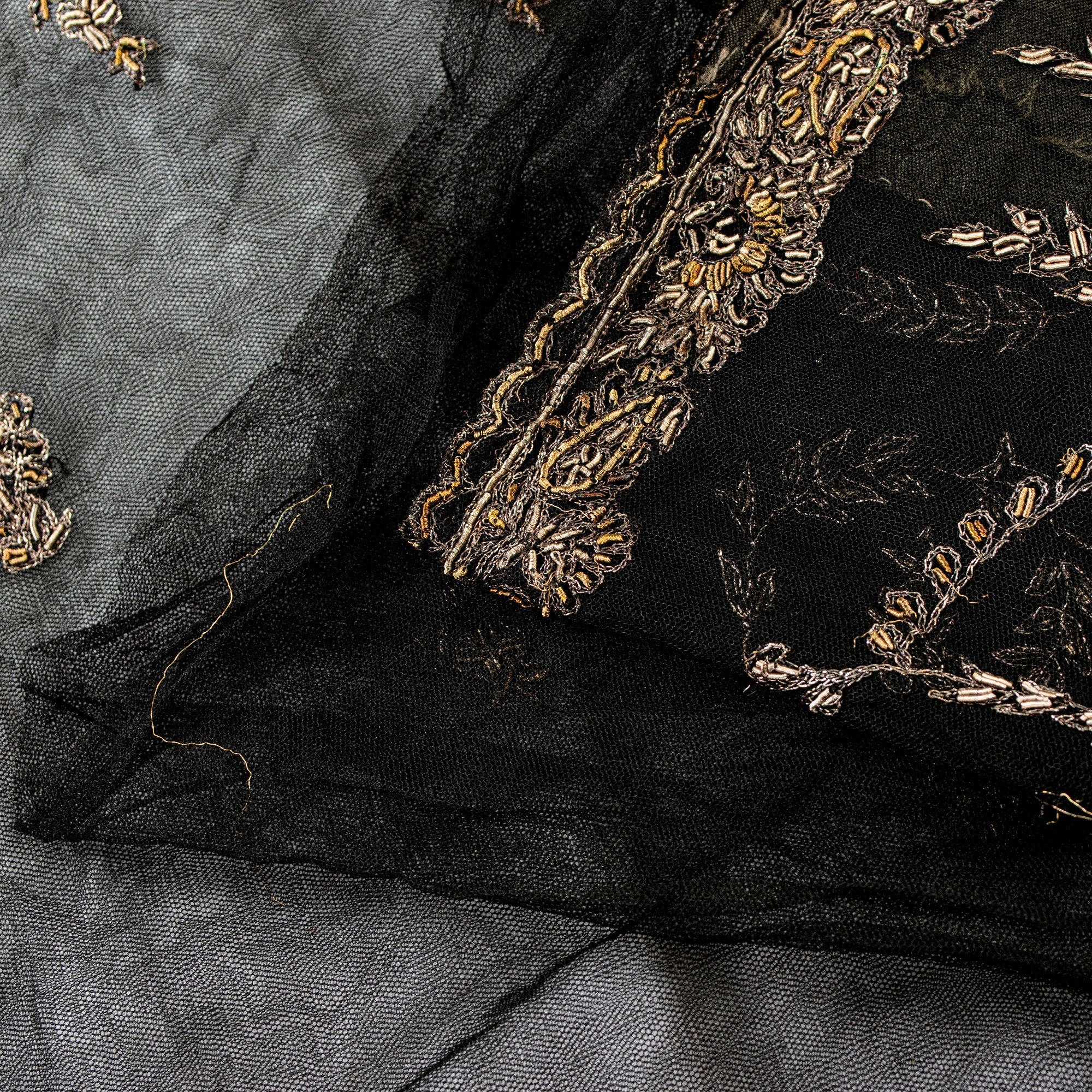 Sanskriti Vintage Black Net Mesh Saree Hand Embroidered Zardozi Zari 5+YD Fabric