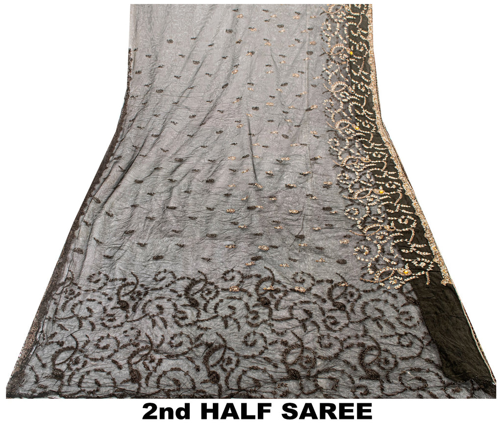 Sanskriti Vintage Black Net Mesh Saree Hand Embroidered Zardozi Zari 5+YD Fabric