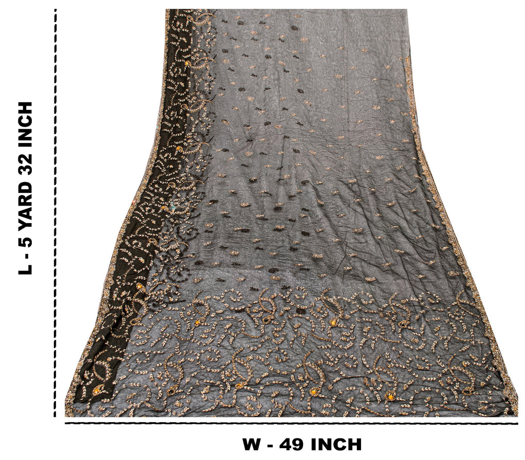 Sanskriti Vintage Black Net Mesh Saree Hand Embroidered Zardozi Zari 5+YD Fabric