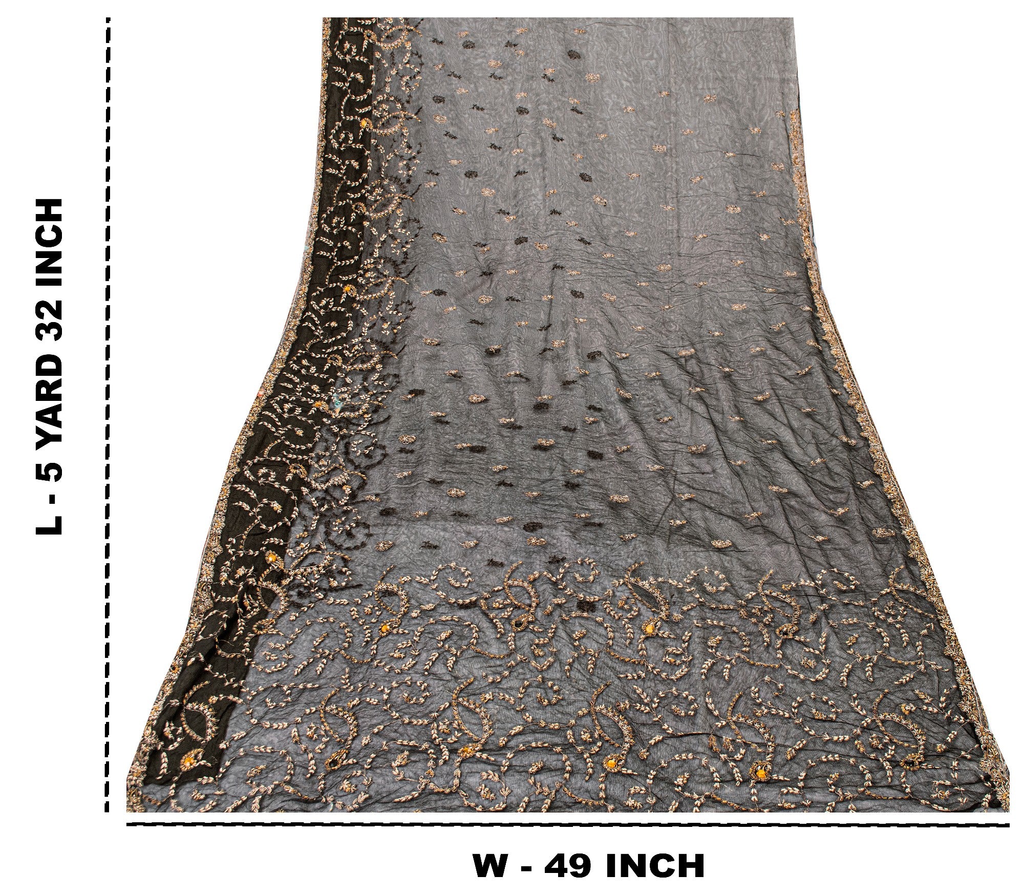 Sanskriti Vintage Black Net Mesh Saree Hand Embroidered Zardozi Zari 5+YD Fabric