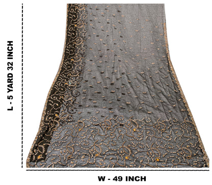 Sanskriti Vintage Black Net Mesh Saree Hand Embroidered Zardozi Zari 5+YD Fabric
