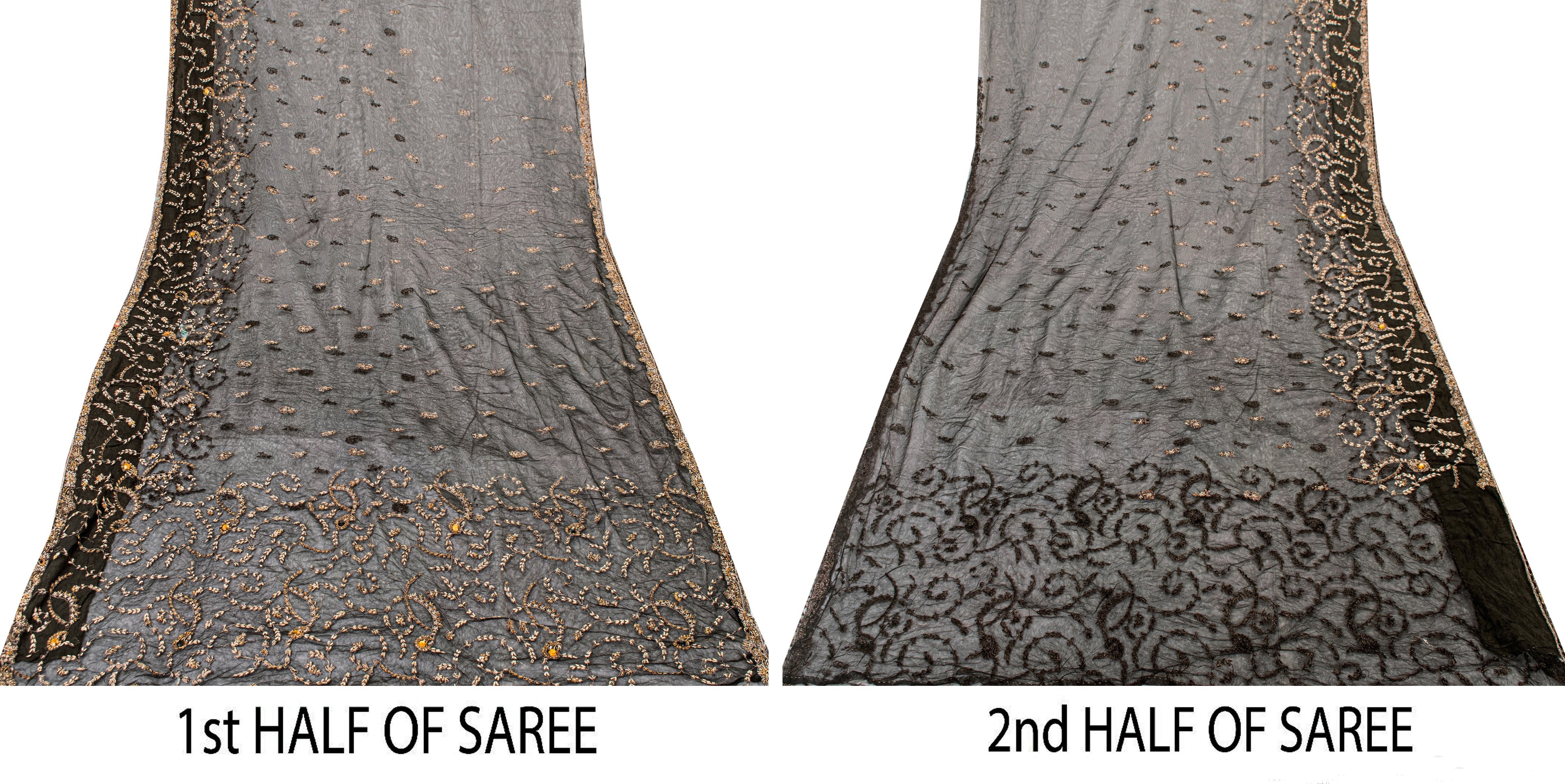 Sanskriti Vintage Black Net Mesh Saree Hand Embroidered Zardozi Zari 5+YD Fabric