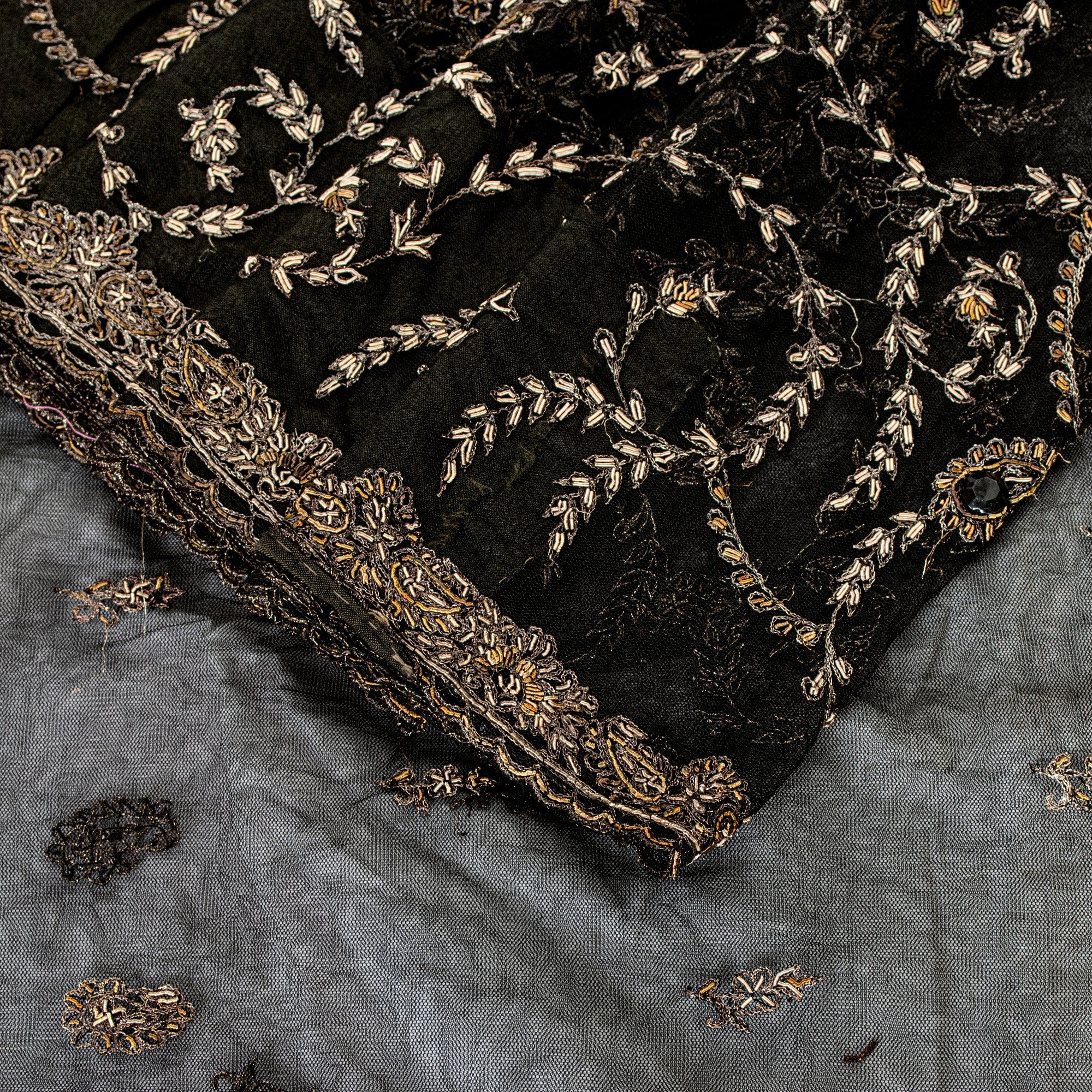 Sanskriti Vintage Black Net Mesh Saree Hand Embroidered Zardozi Zari 5+YD Fabric